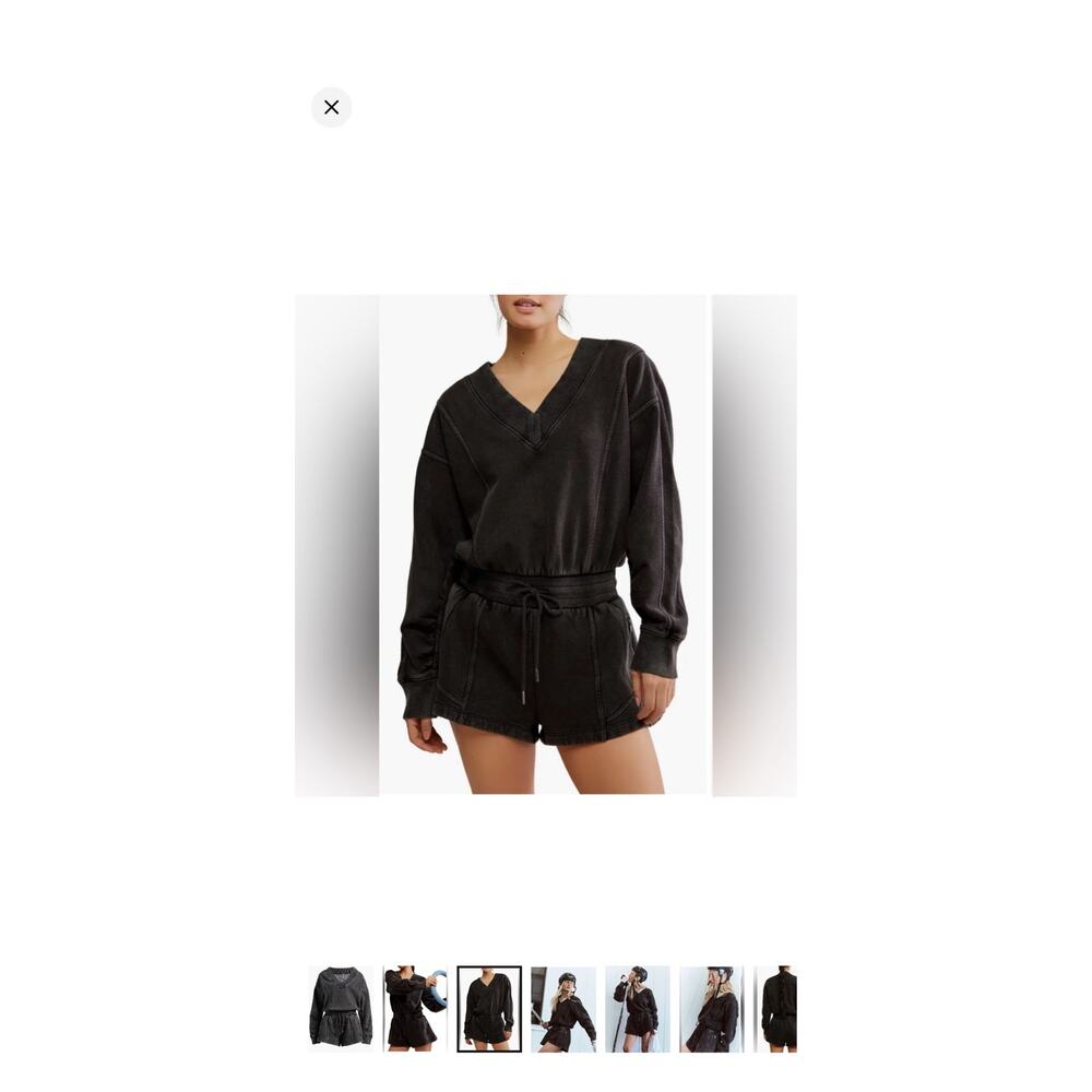 Free People Black Long Sleeve Romper Large V-Neck Drawstring Pockets Relaxed Fit